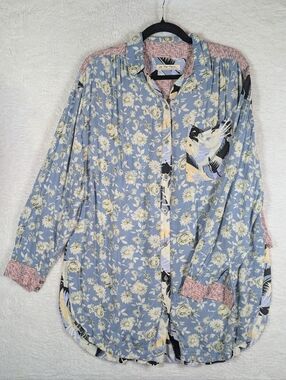 NWT We The Free Pink and Pastel Blue Floral Button-Front Shirt Oversize